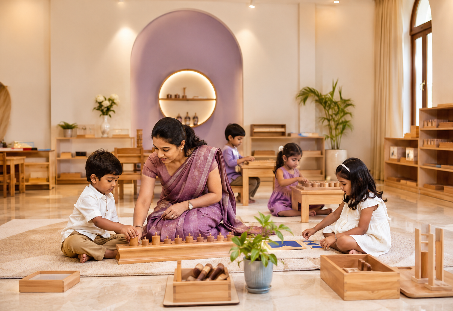 Teacher guiding children in a premium Montessori classroom