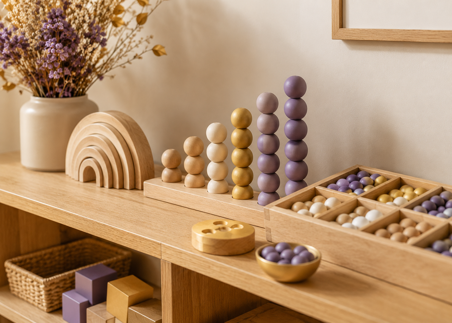 Wooden learning materials shelf